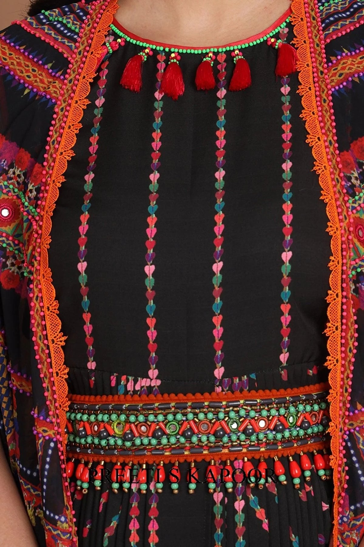 Black Printed & Embroidered Jacket Set With Belt - Preeti S Kapoor
