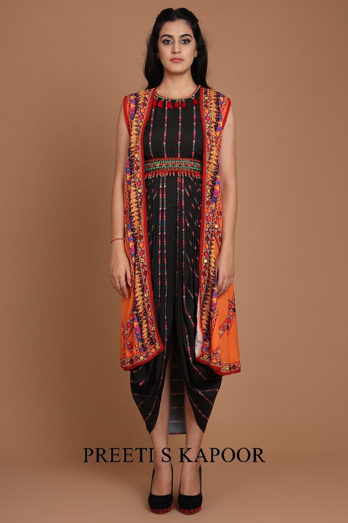Black & Orange Printed Jacket Set With Belt - Preeti s kapoor