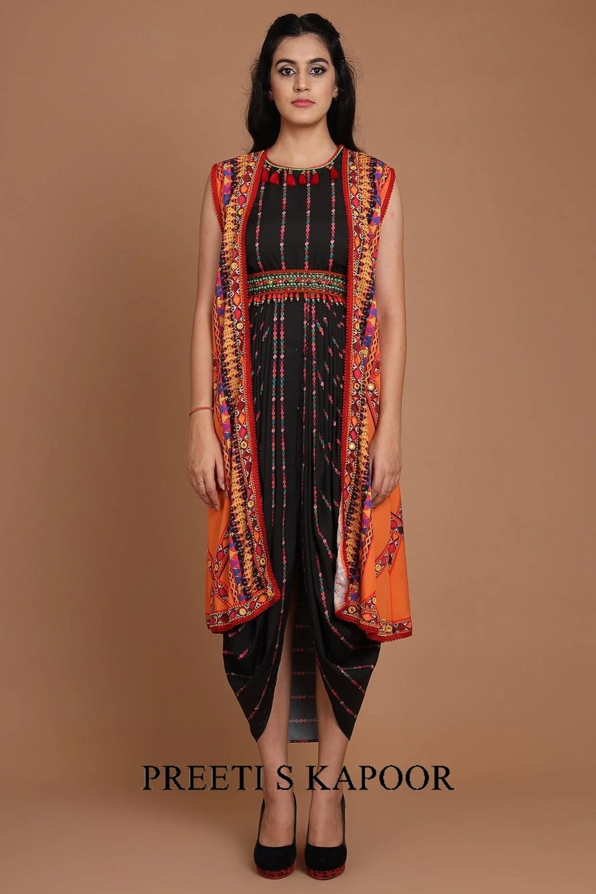 Black & Orange Printed Jacket Set With Belt - Preeti S Kapoor