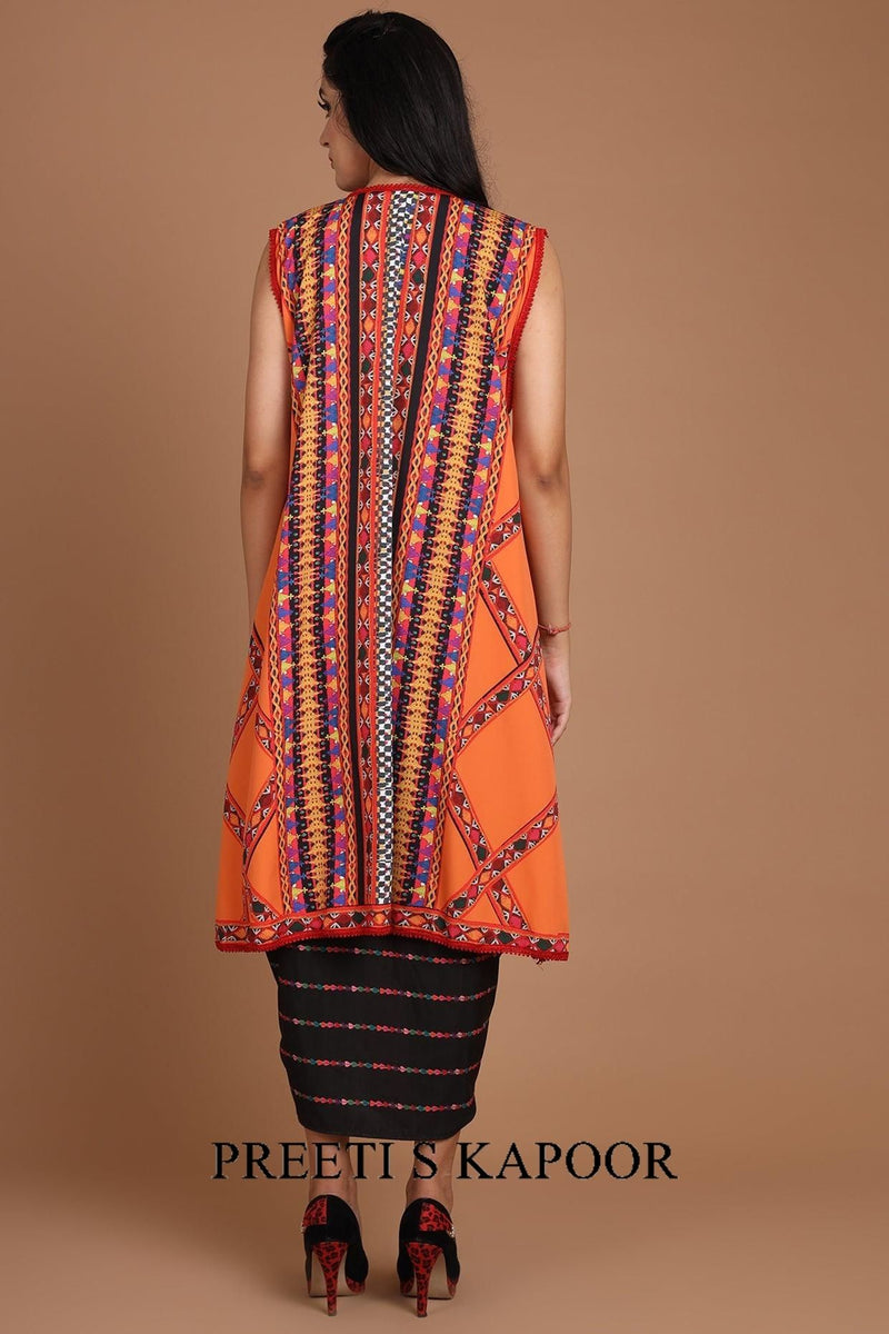 Black & Orange Printed Jacket Set With Belt - Preeti s kapoor