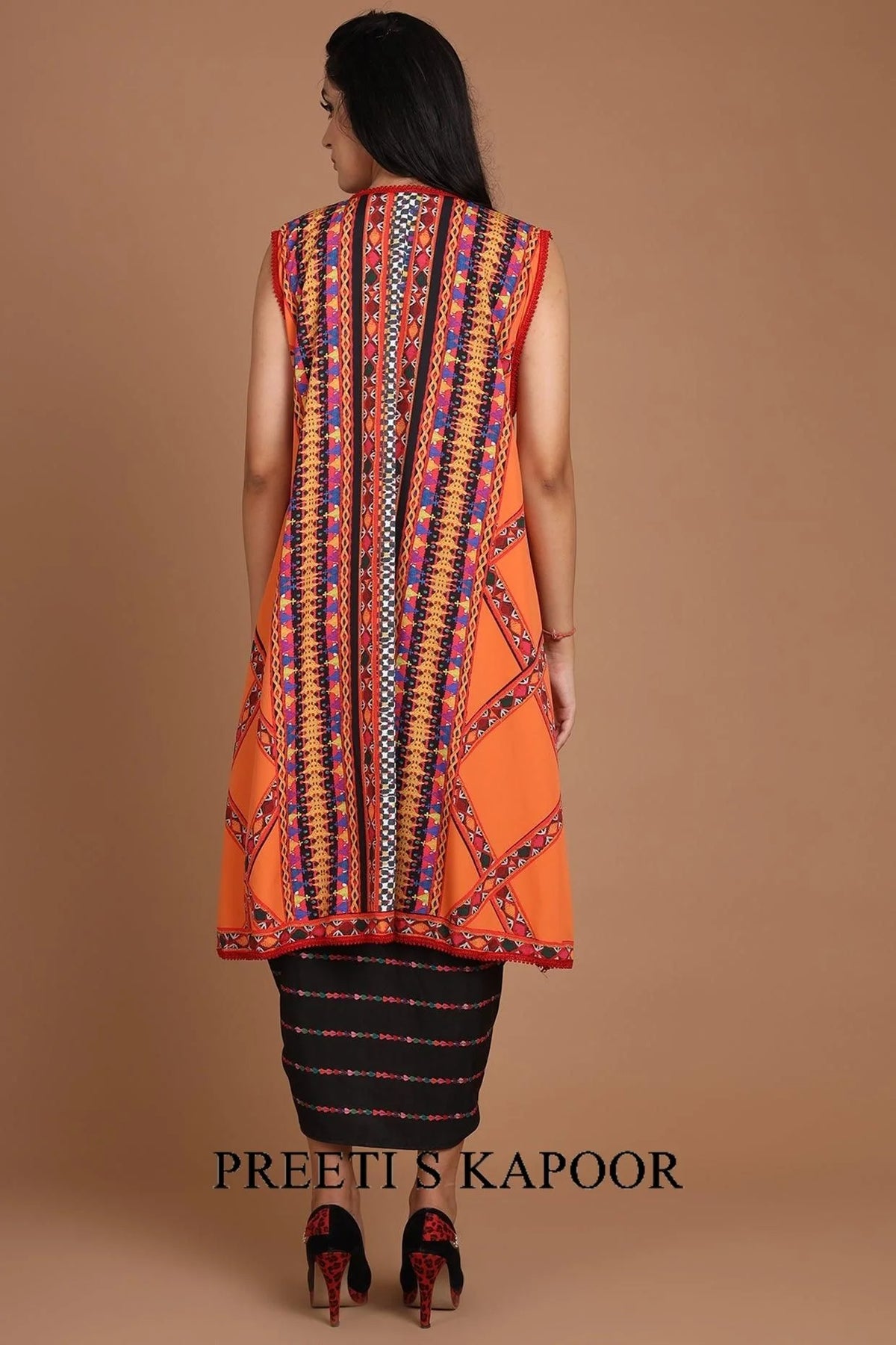 Black & Orange Printed Jacket Set With Belt - Preeti S Kapoor
