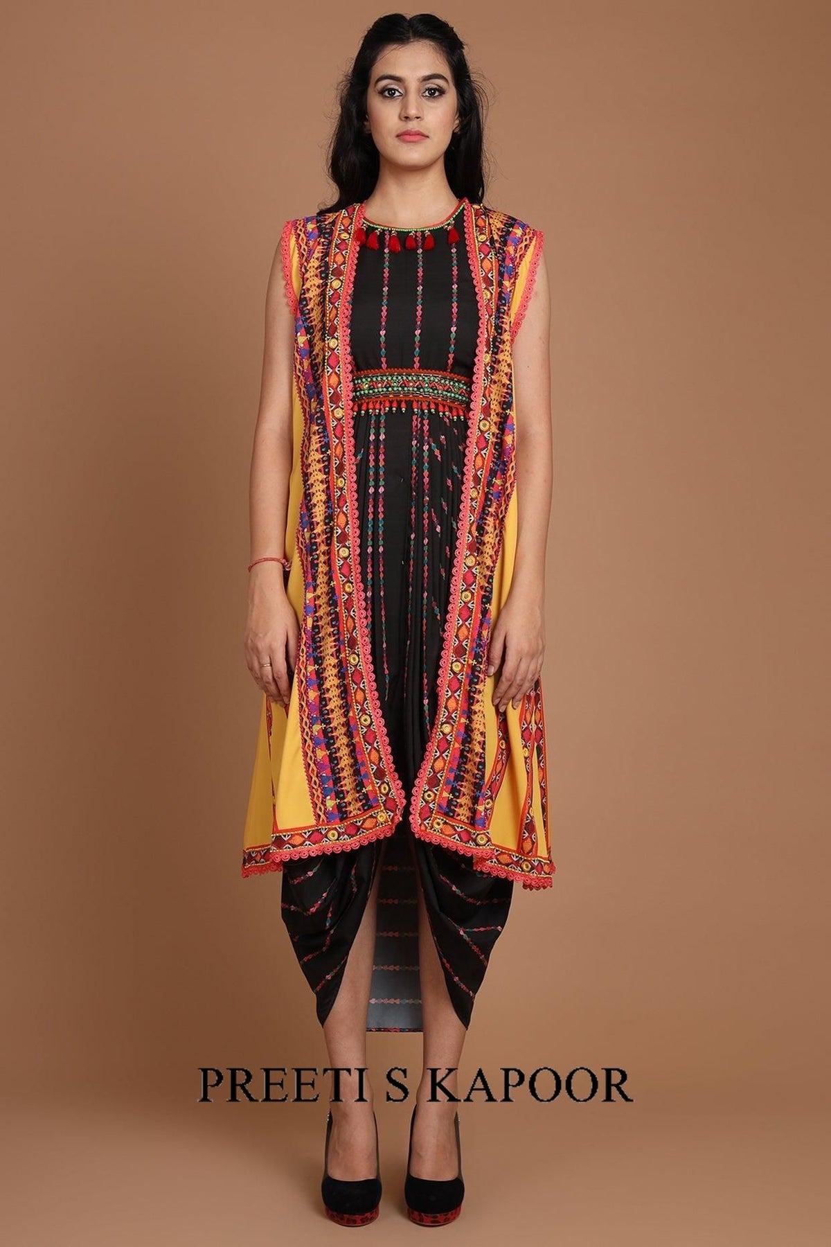 Black & Yellow Printed Jacket Set With Belt - Preeti s kapoor