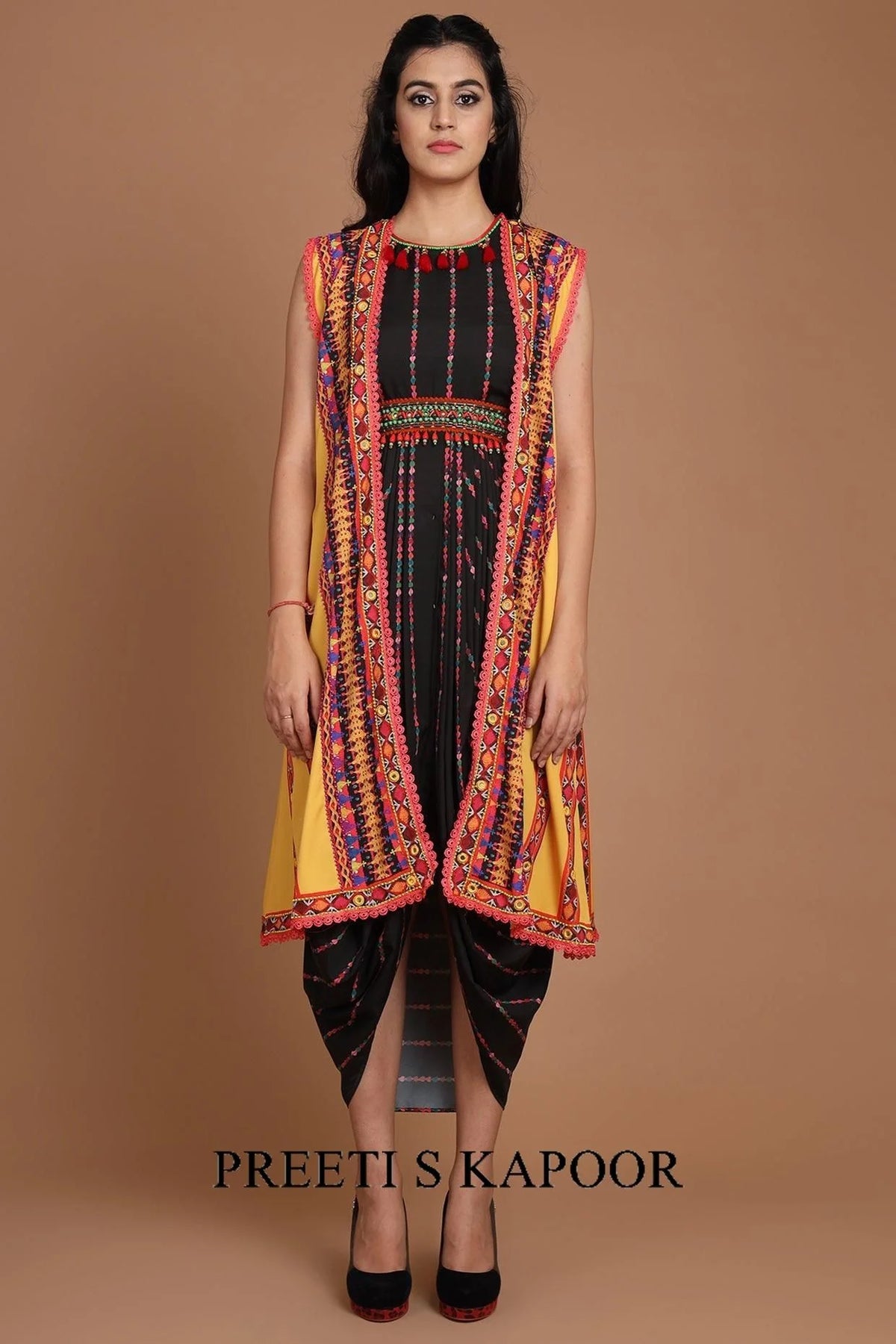 Black & Yellow Printed Jacket Set With Belt - Preeti S Kapoor