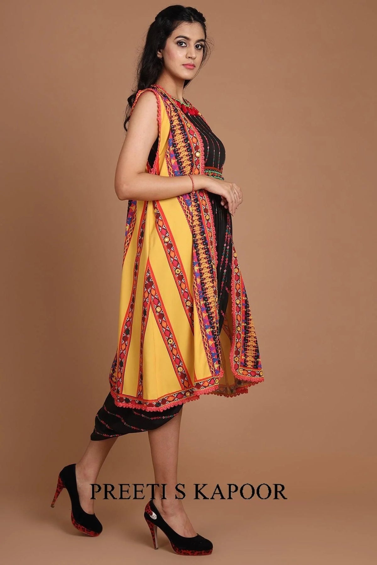 Black & Yellow Printed Jacket Set With Belt - Preeti S Kapoor