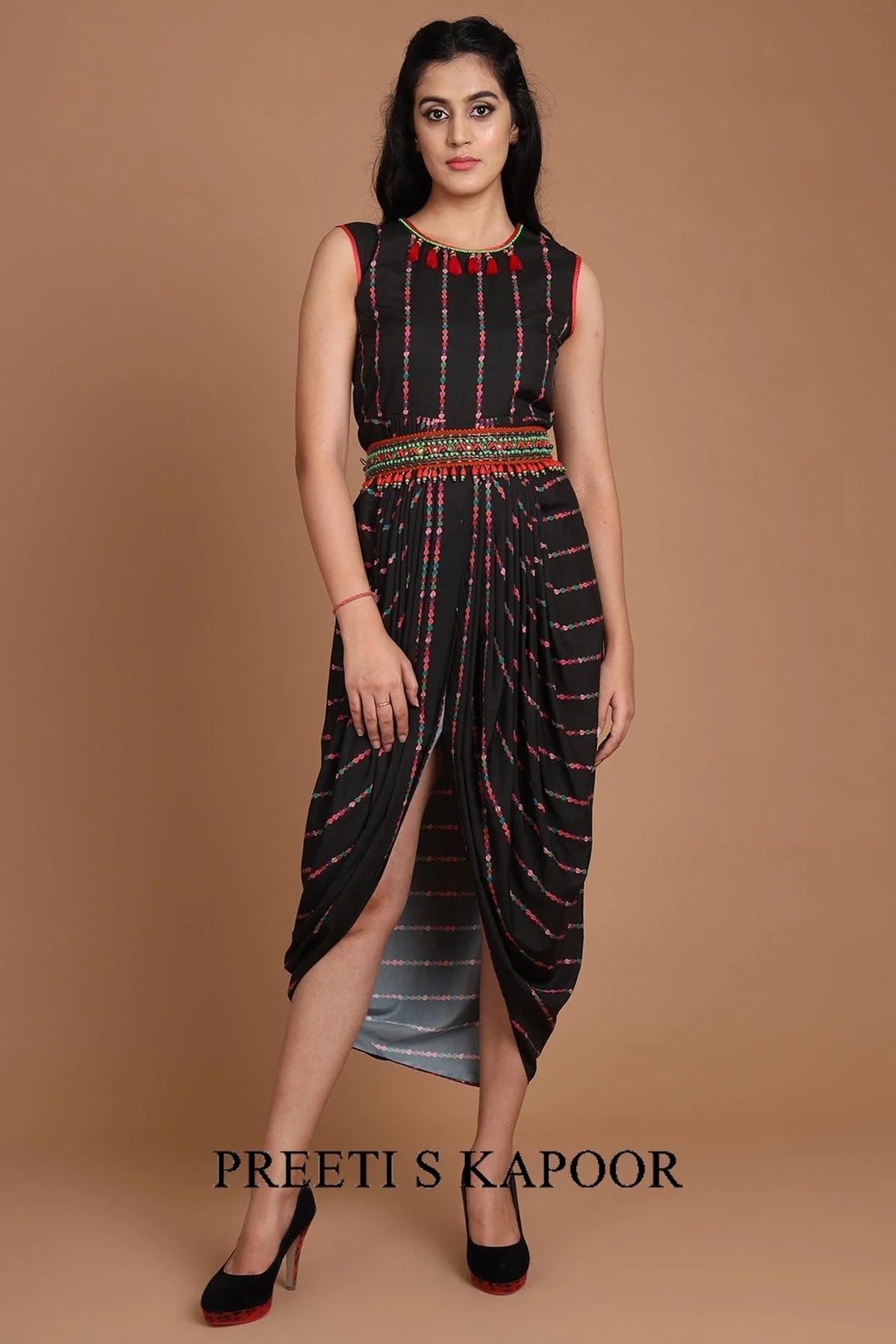 Black & Yellow Printed Jacket Set With Belt - Preeti S Kapoor