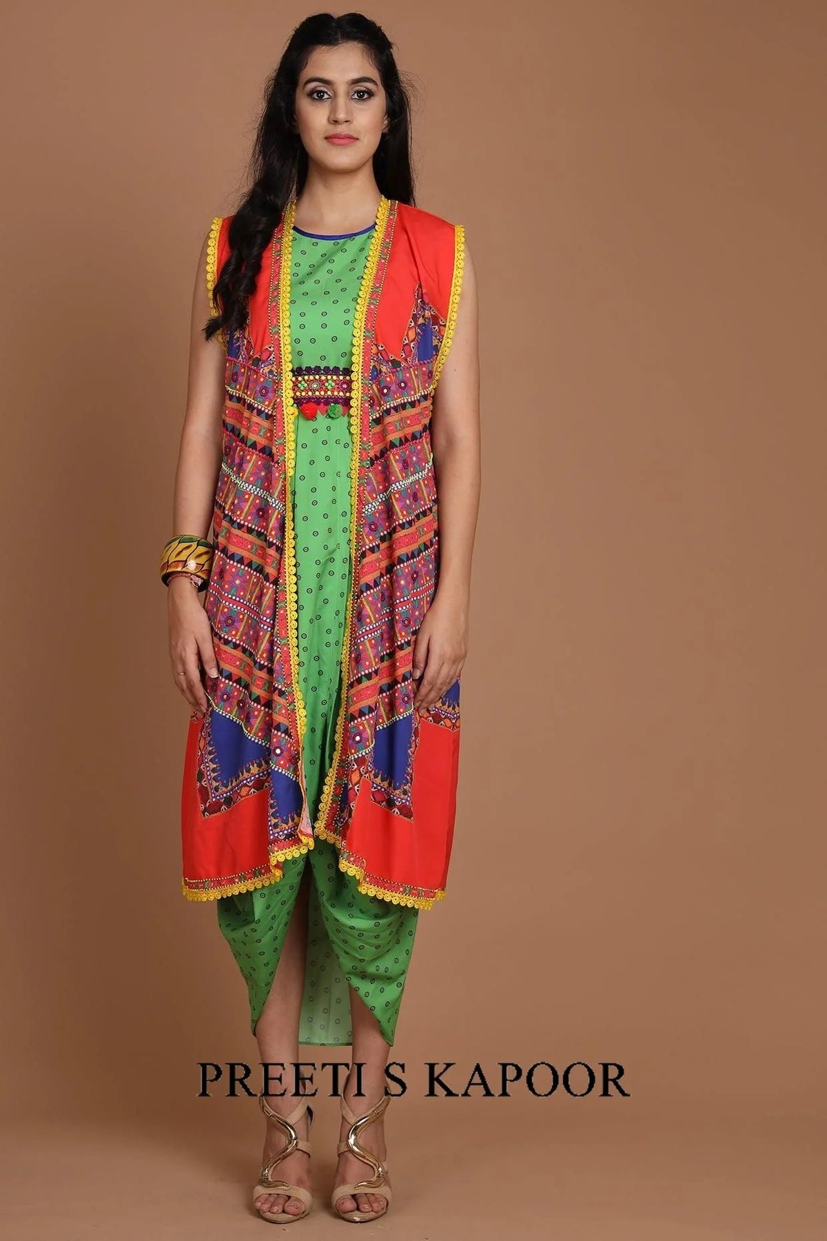 Red & Green Embroidered Jacket Set With Belt - Preeti S Kapoor