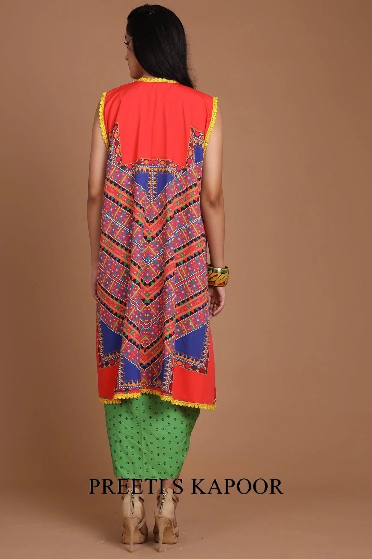 Red & Green Embroidered Jacket Set With Belt - Preeti S Kapoor