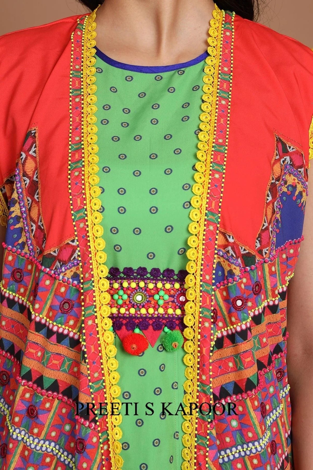 Red & Green Embroidered Jacket Set With Belt - Preeti S Kapoor