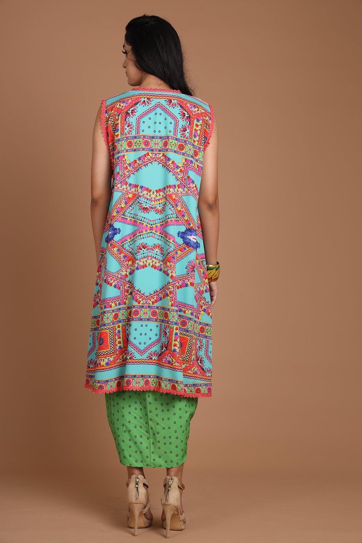 Turquoise & Green Embroidered Jacket Set With Belt - Preeti s kapoor