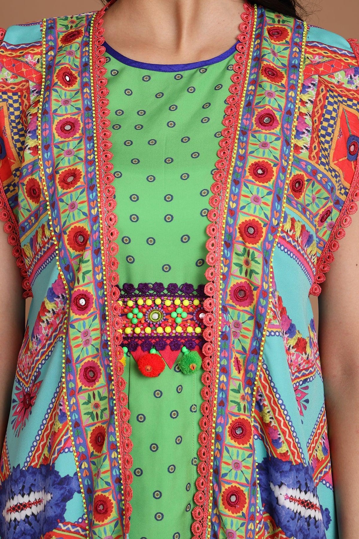 Turquoise & Green Embroidered Jacket Set With Belt - Preeti s kapoor