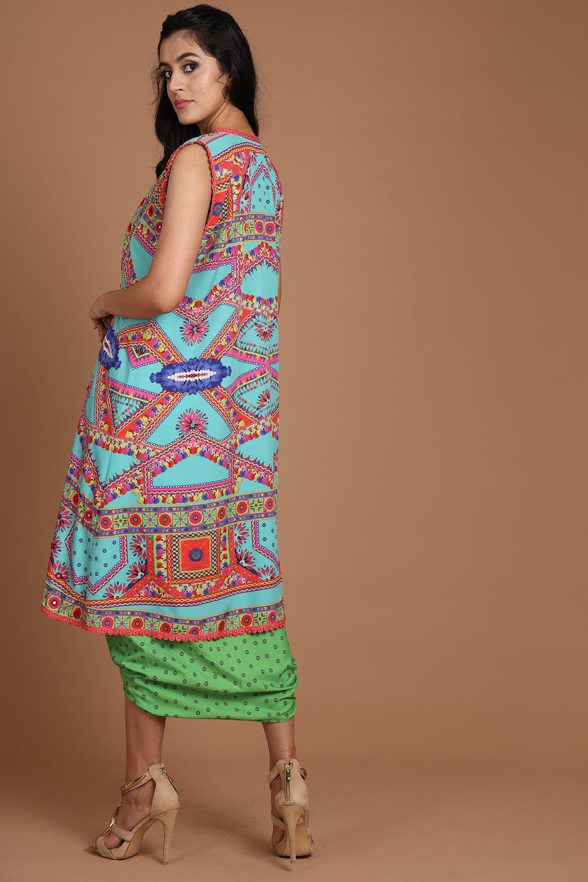 Turquoise & Green Embroidered Jacket Set With Belt - Preeti s kapoor