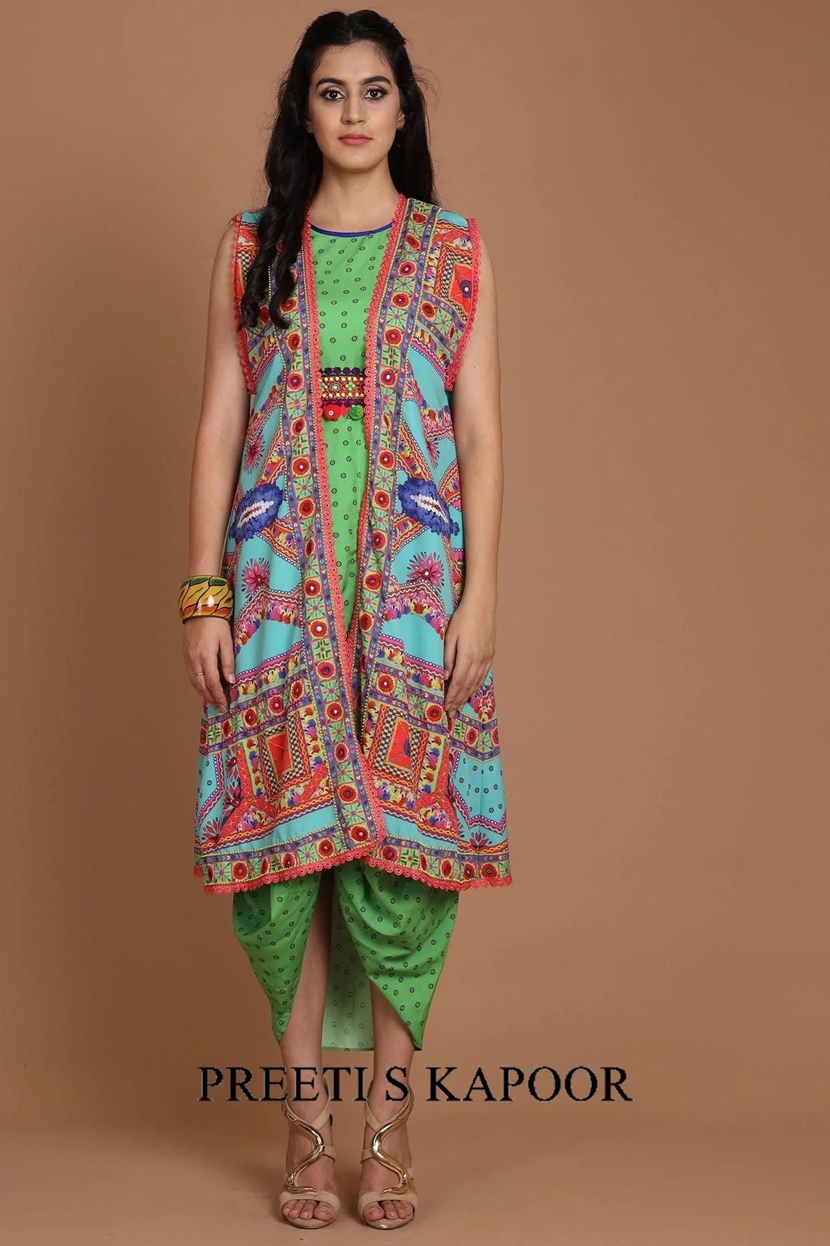 Turquoise & Green Embroidered Jacket Set With Belt - Preeti S Kapoor