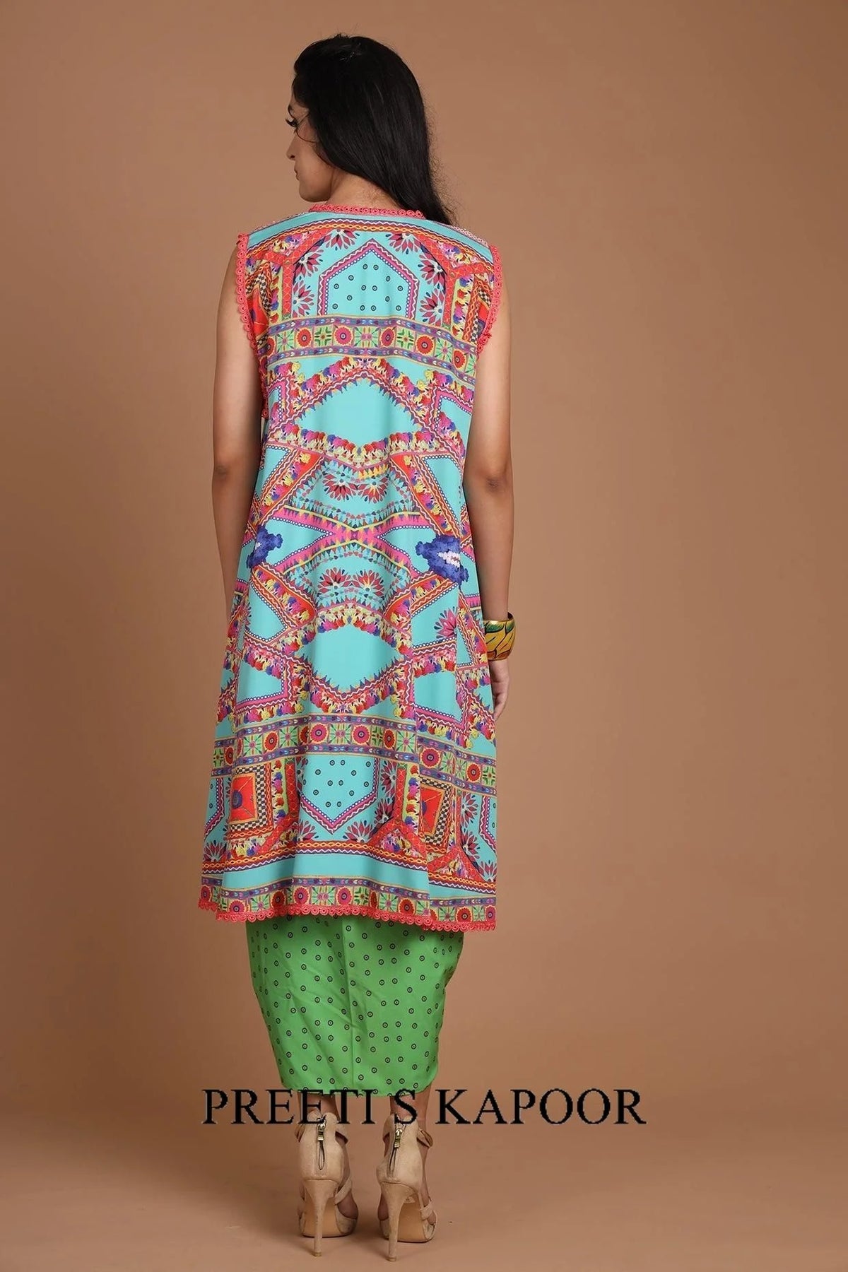 Turquoise & Green Embroidered Jacket Set With Belt - Preeti S Kapoor
