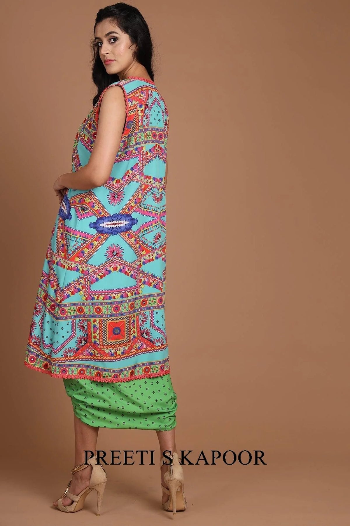 Turquoise & Green Embroidered Jacket Set With Belt - Preeti S Kapoor