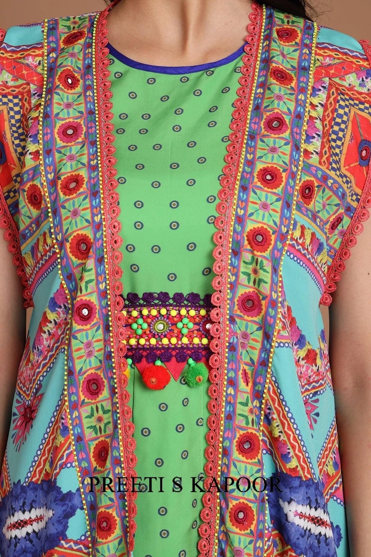 Turquoise & Green Embroidered Jacket Set With Belt - Preeti S Kapoor