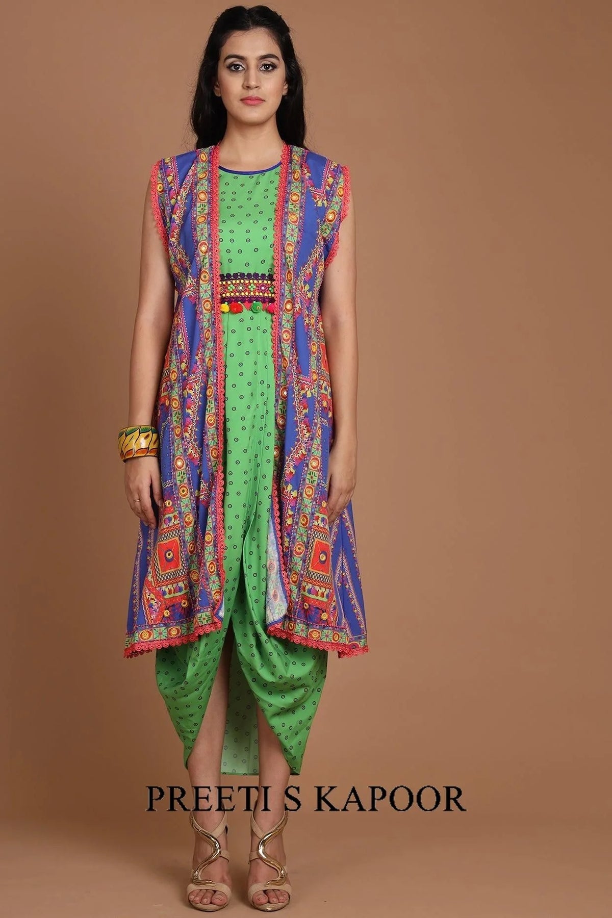 Cobalt Blue & Green Embroidered Jacket Set With Belt - Preeti S Kapoor