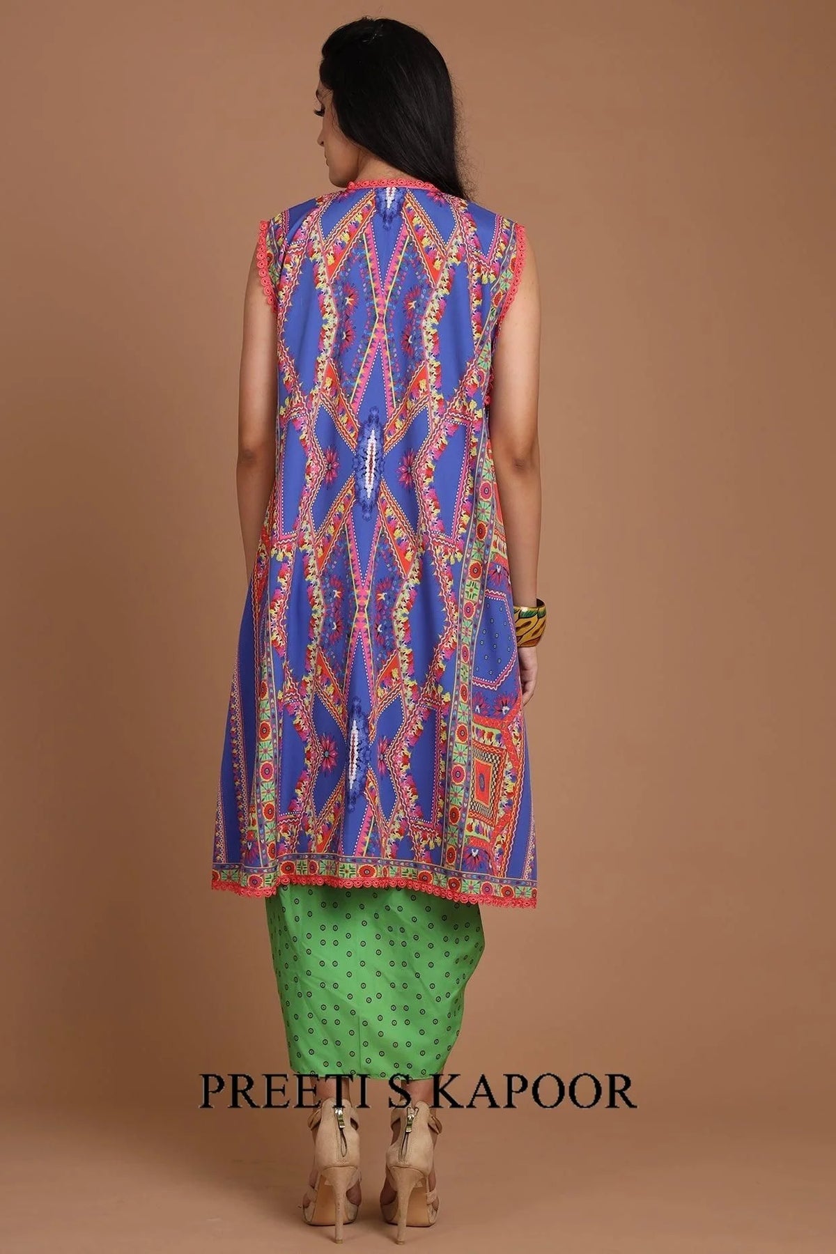 Cobalt Blue & Green Embroidered Jacket Set With Belt - Preeti S Kapoor