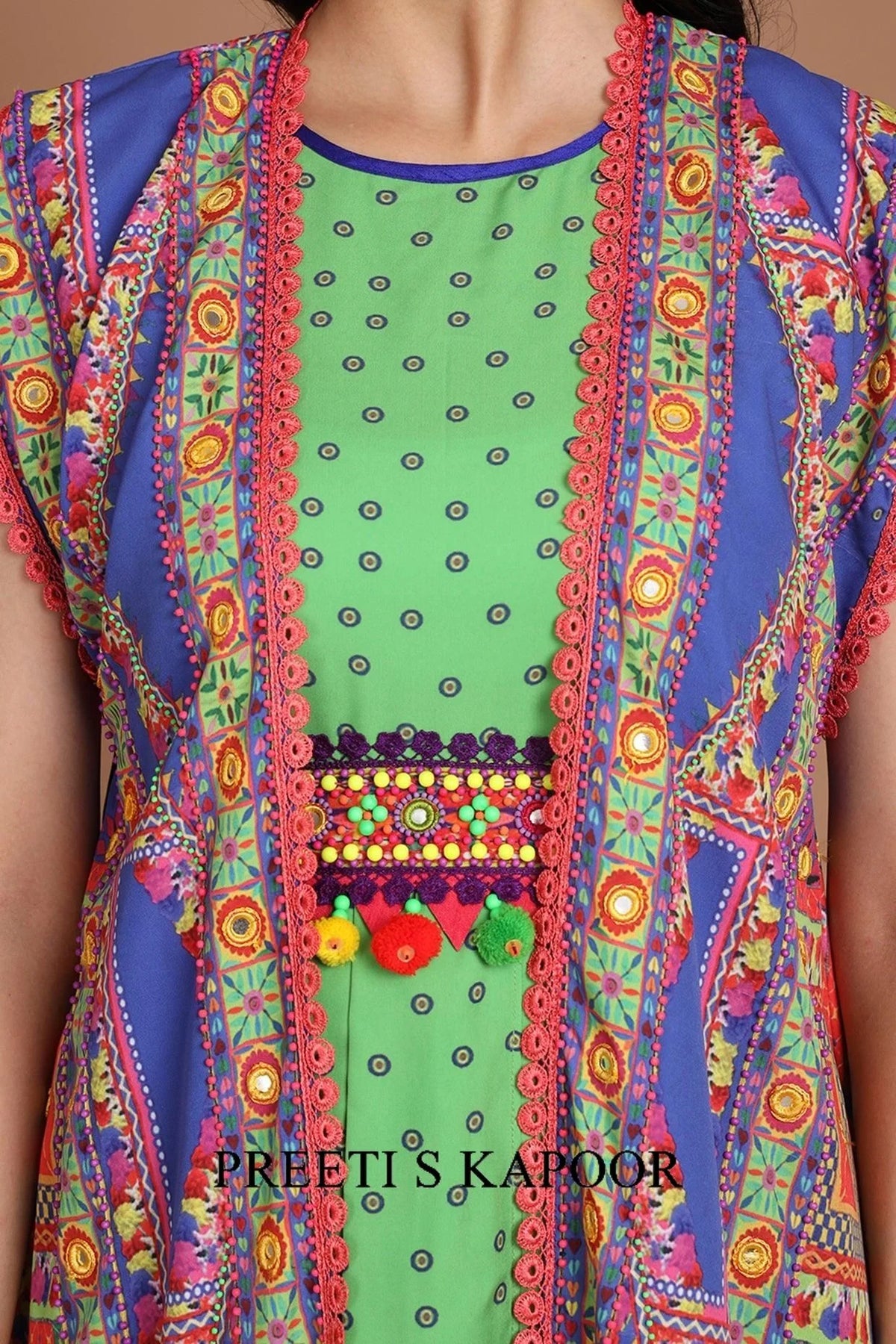 Cobalt Blue & Green Embroidered Jacket Set With Belt - Preeti S Kapoor