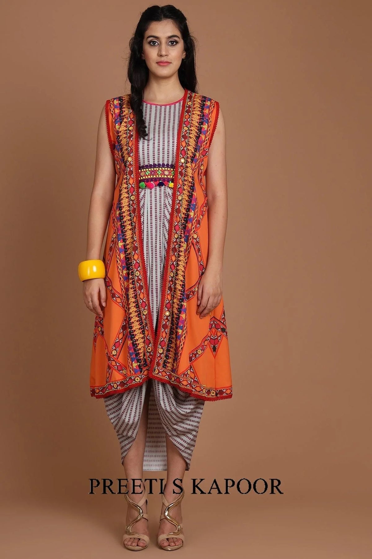 Orange & Grey Embroidered Jacket Set With Belt - Preet S Kapoor