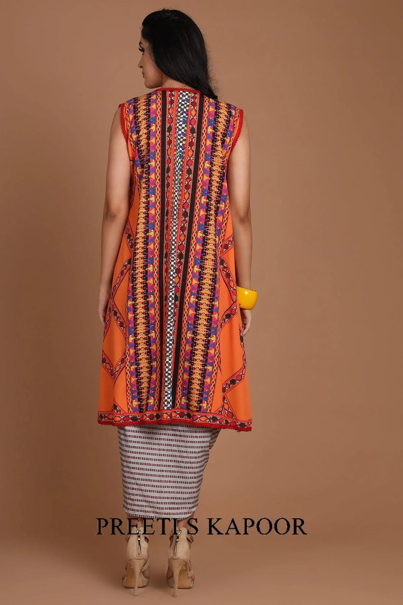 Orange & Grey Embroidered Jacket Set With Belt - Preet S Kapoor