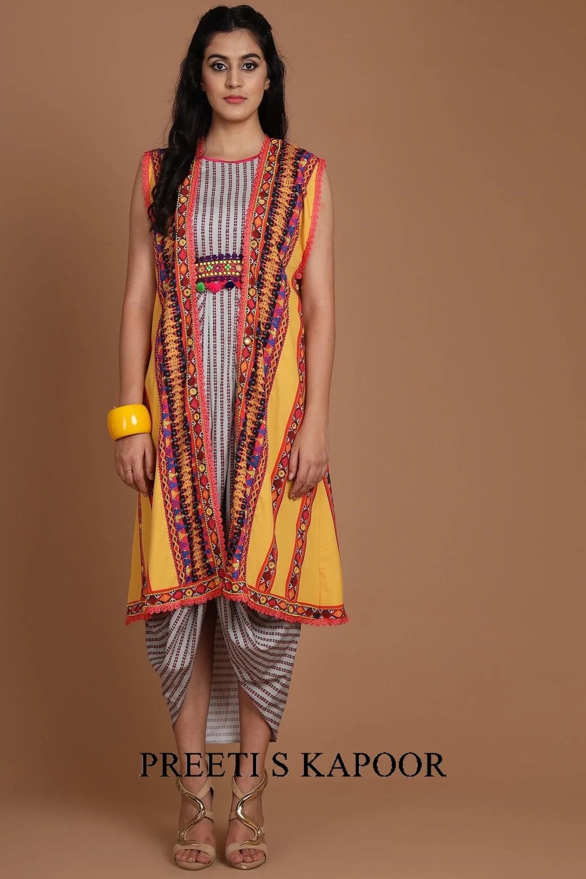 Yellow & Grey Embroidered Jacket Set With Belt - Preeti S Kapoor
