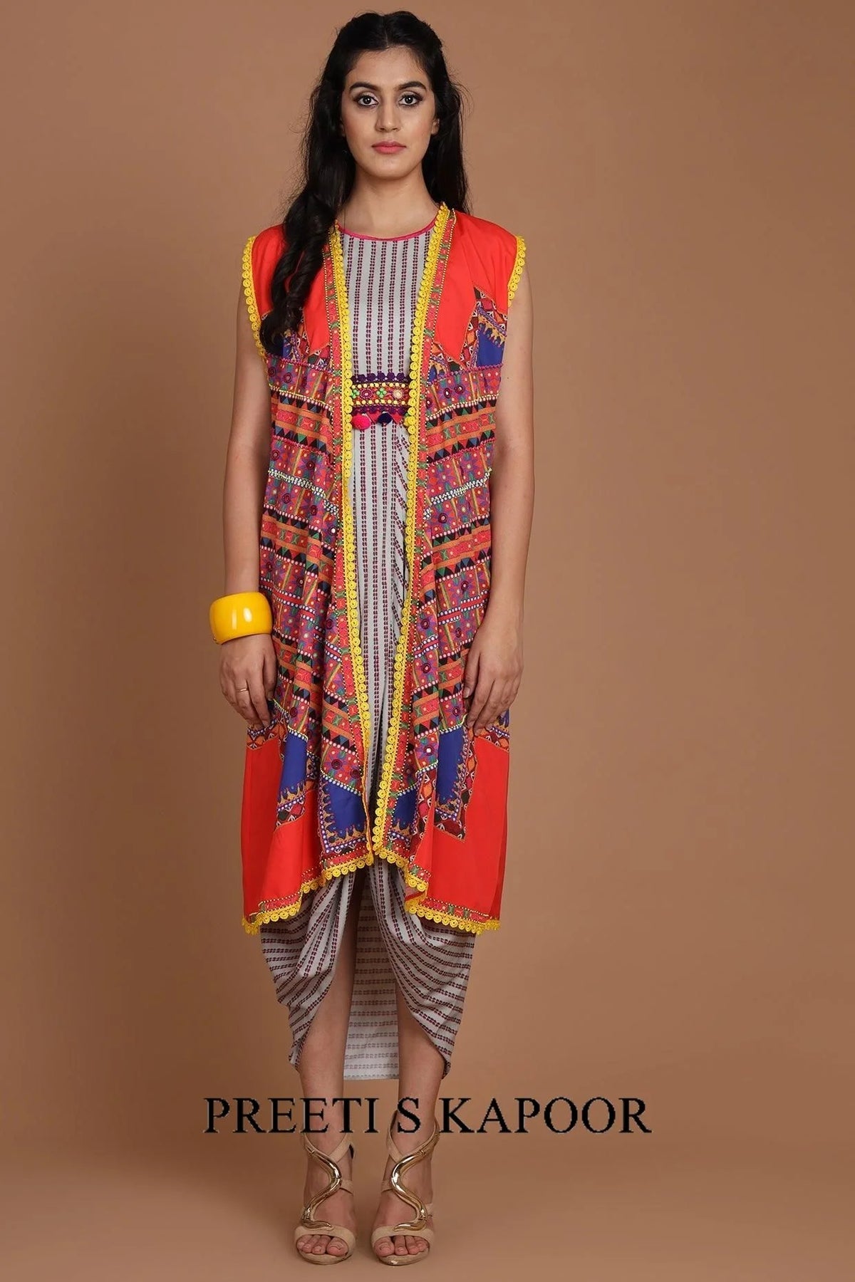 Red & Grey Embroidered Jacket Set With Belt - Preeti S Kapoor