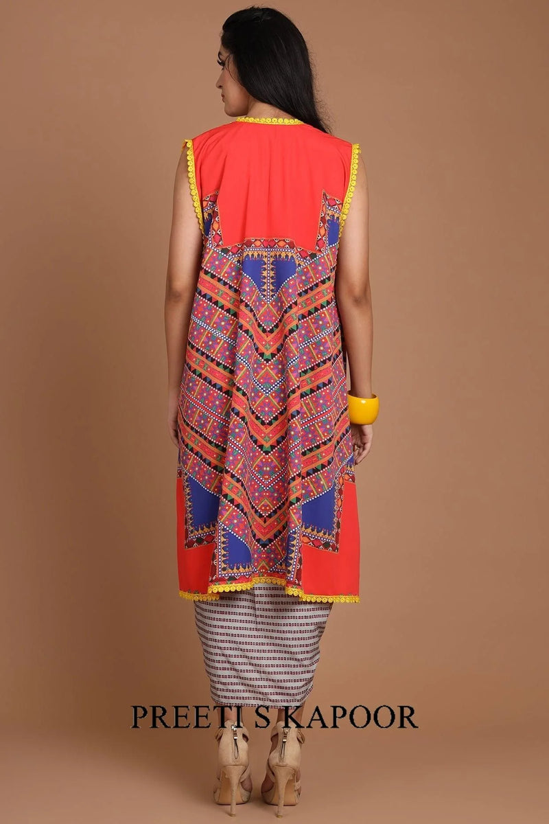 Red & Grey Embroidered Jacket Set With Belt - Preeti S Kapoor