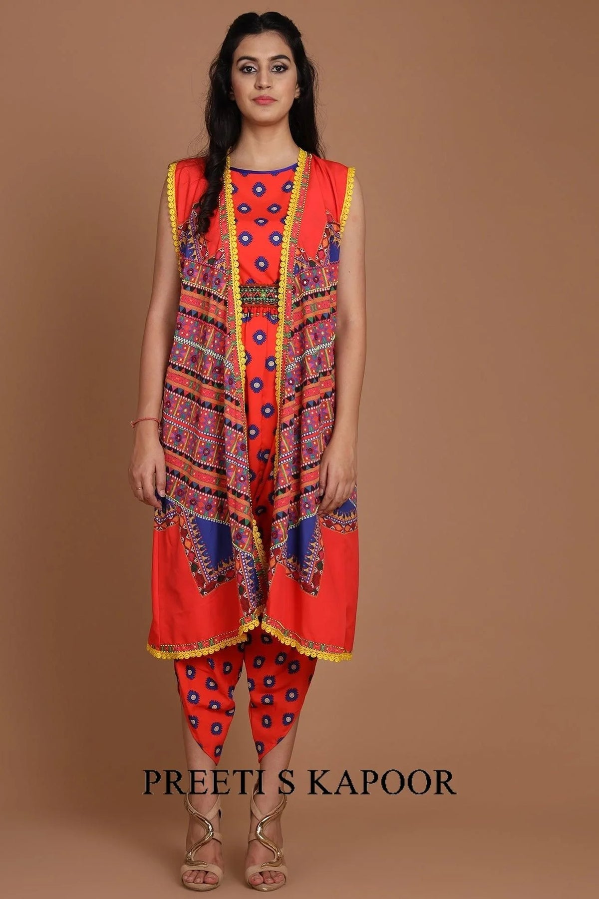 Red Embroidered Jacket Set With Belt - Preeti S Kapoor