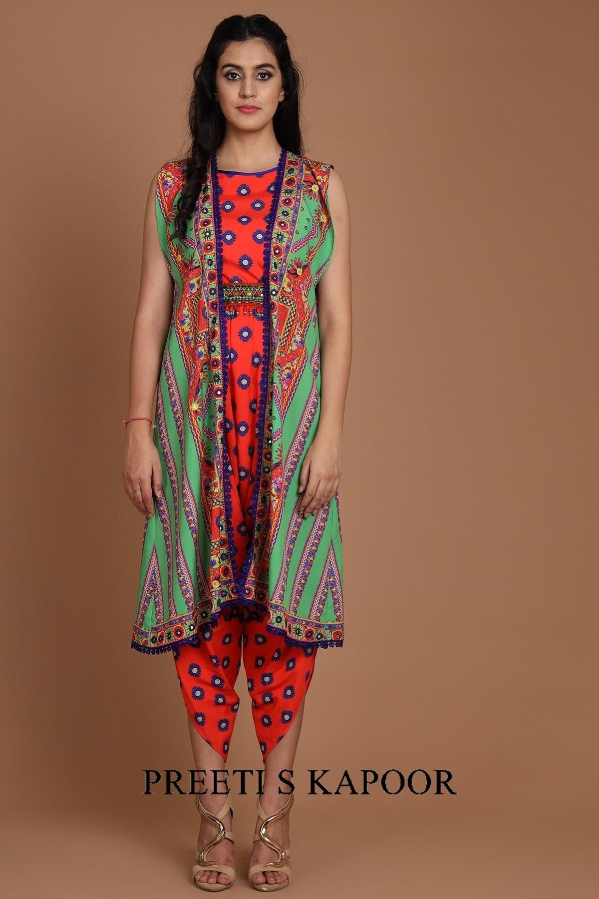 Green & Red Embroidered Jacket Set With Belt - Preeti s kapoor