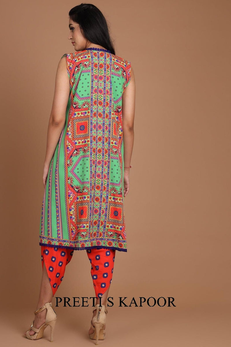 Green & Red Embroidered Jacket Set With Belt - Preeti s kapoor