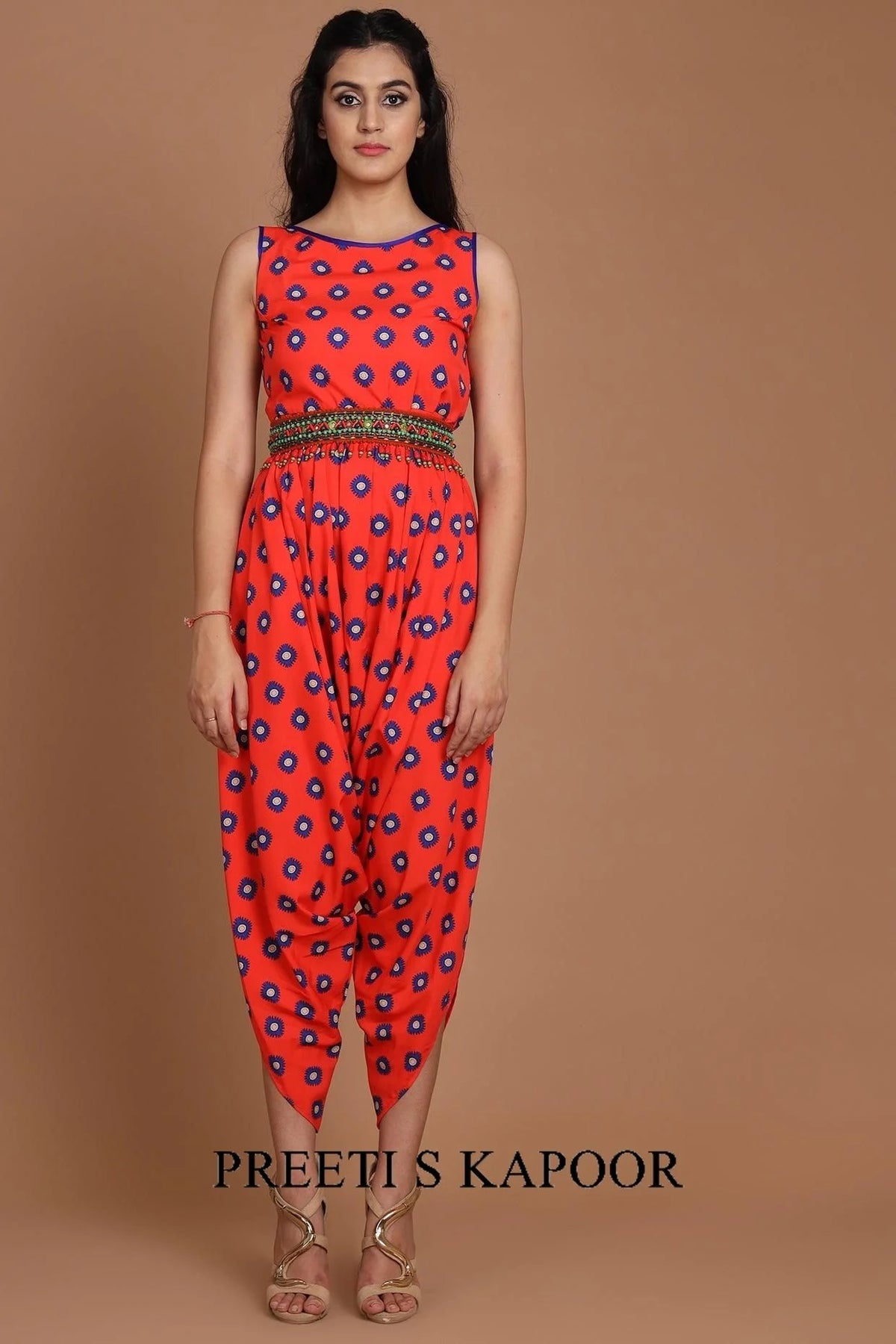 Green & Red Embroidered Jacket Set With Belt - Preeti S Kapoor