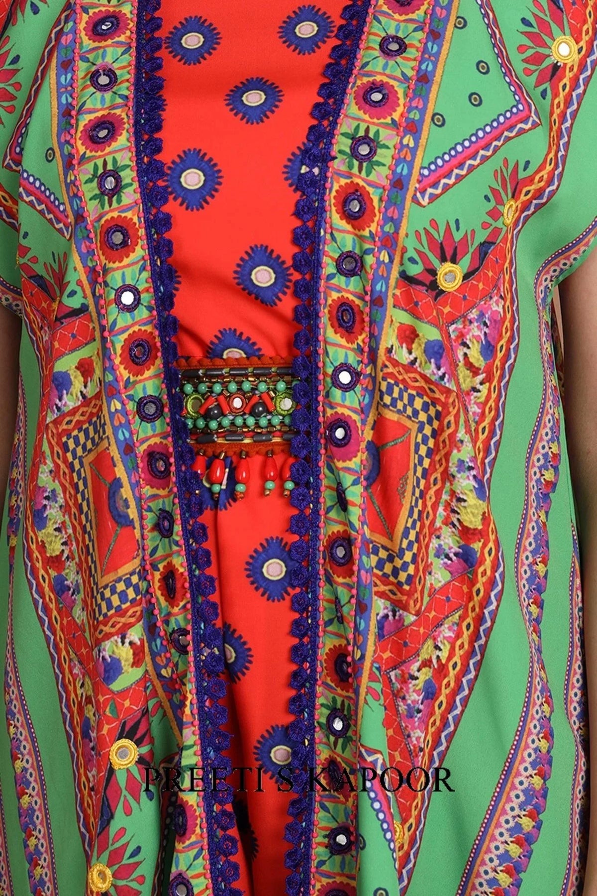 Green & Red Embroidered Jacket Set With Belt - Preeti S Kapoor