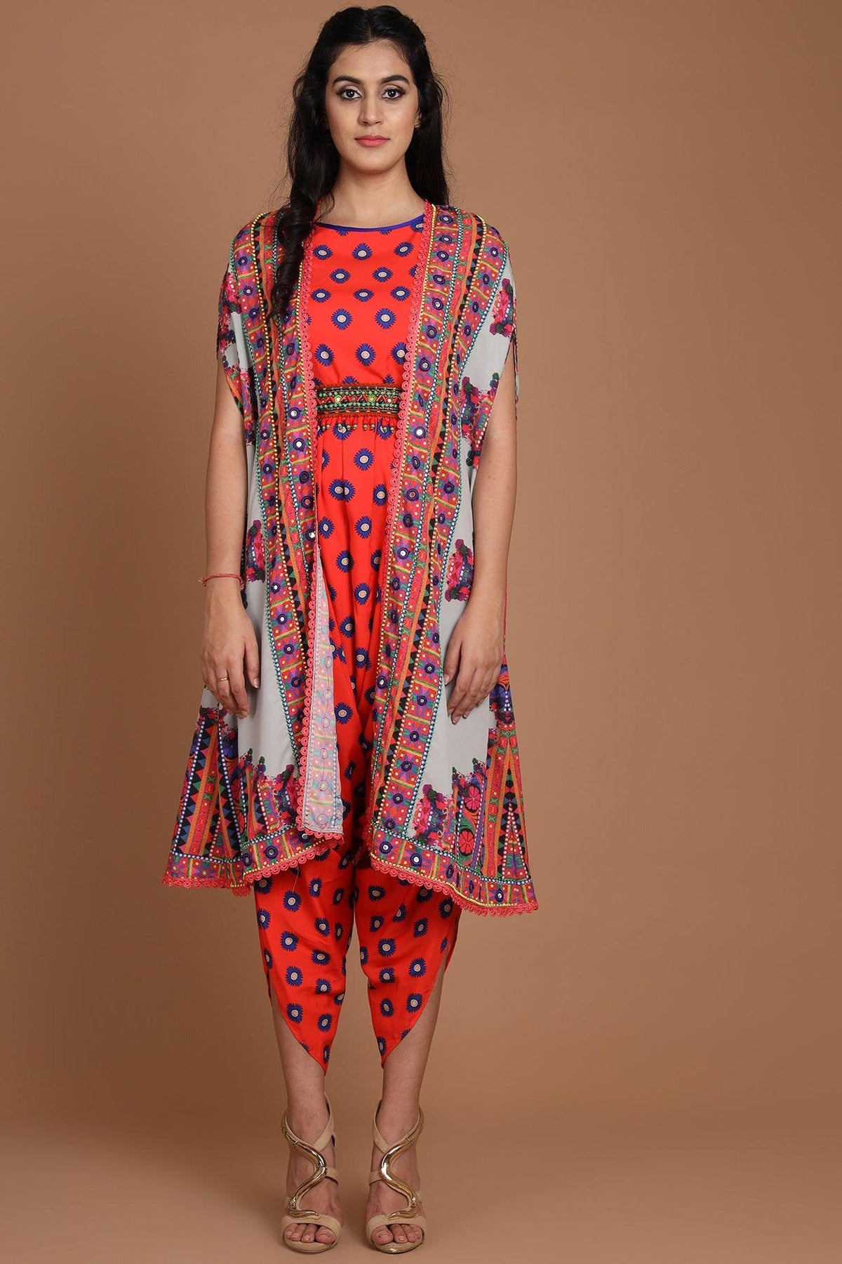 Red & Grey Printed Jacket Set With Belt - Preeti s kapoor