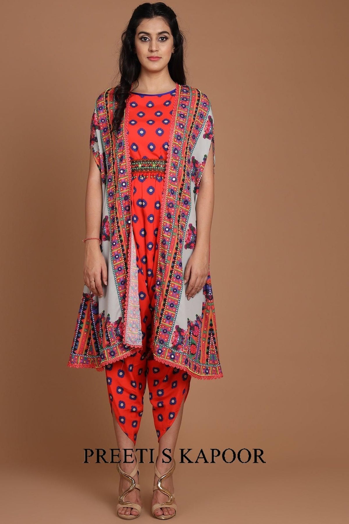 Red & Grey Printed Jacket Set With Belt - Preeti s kapoor