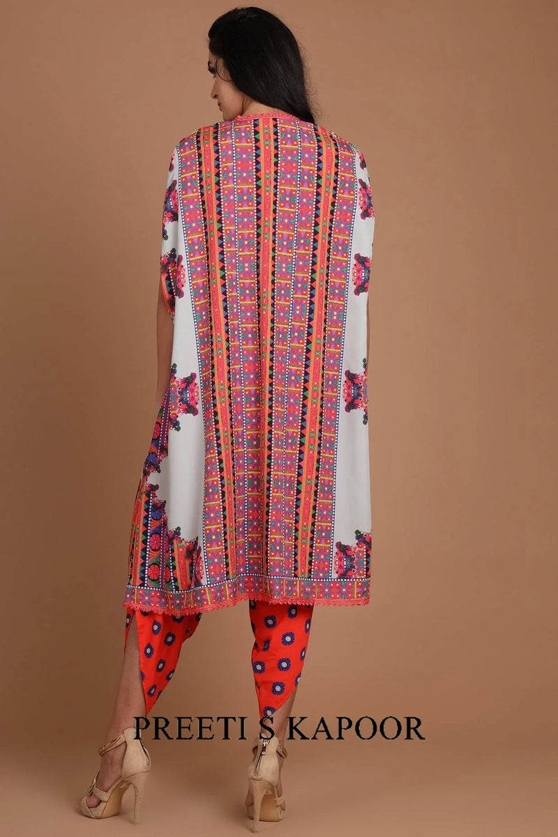 Red & Grey Printed Jacket Set With Belt - Preeti S Kapoor