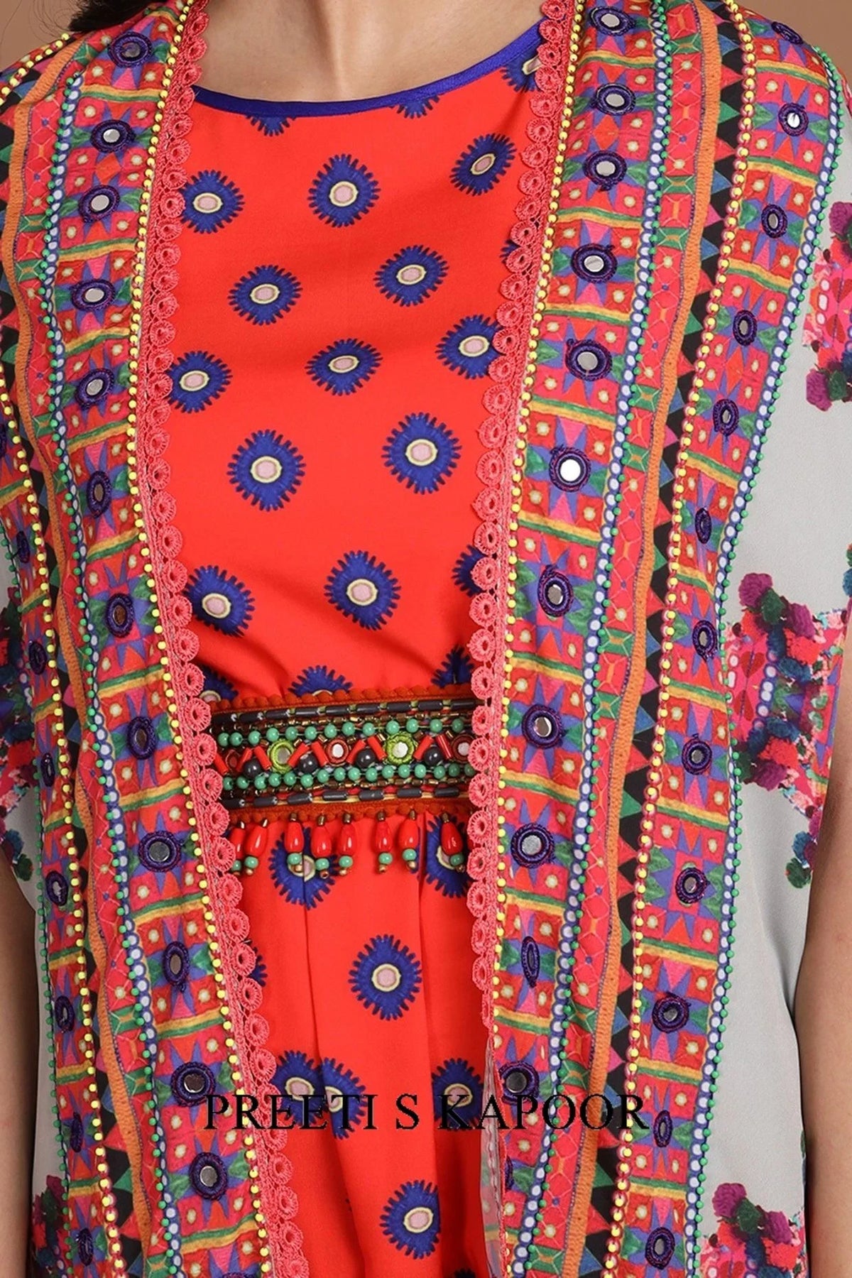 Red & Grey Printed Jacket Set With Belt - Preeti S Kapoor