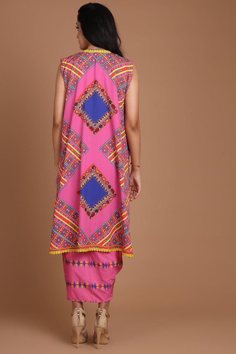 Pink Printed & Embroidered Jacket Set With Belt - Preeti s kapoor