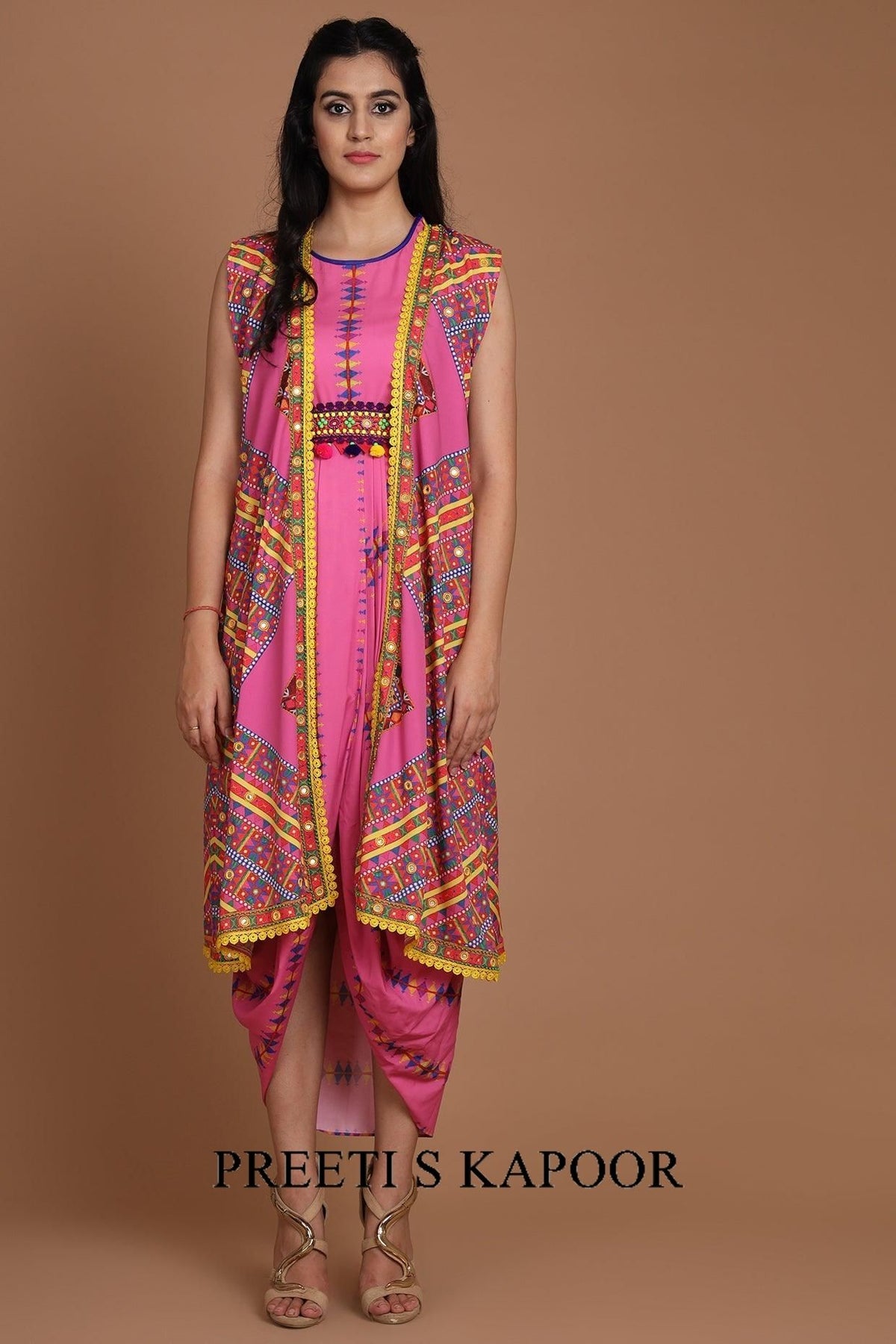 Pink Printed & Embroidered Jacket Set With Belt - Preeti s kapoor