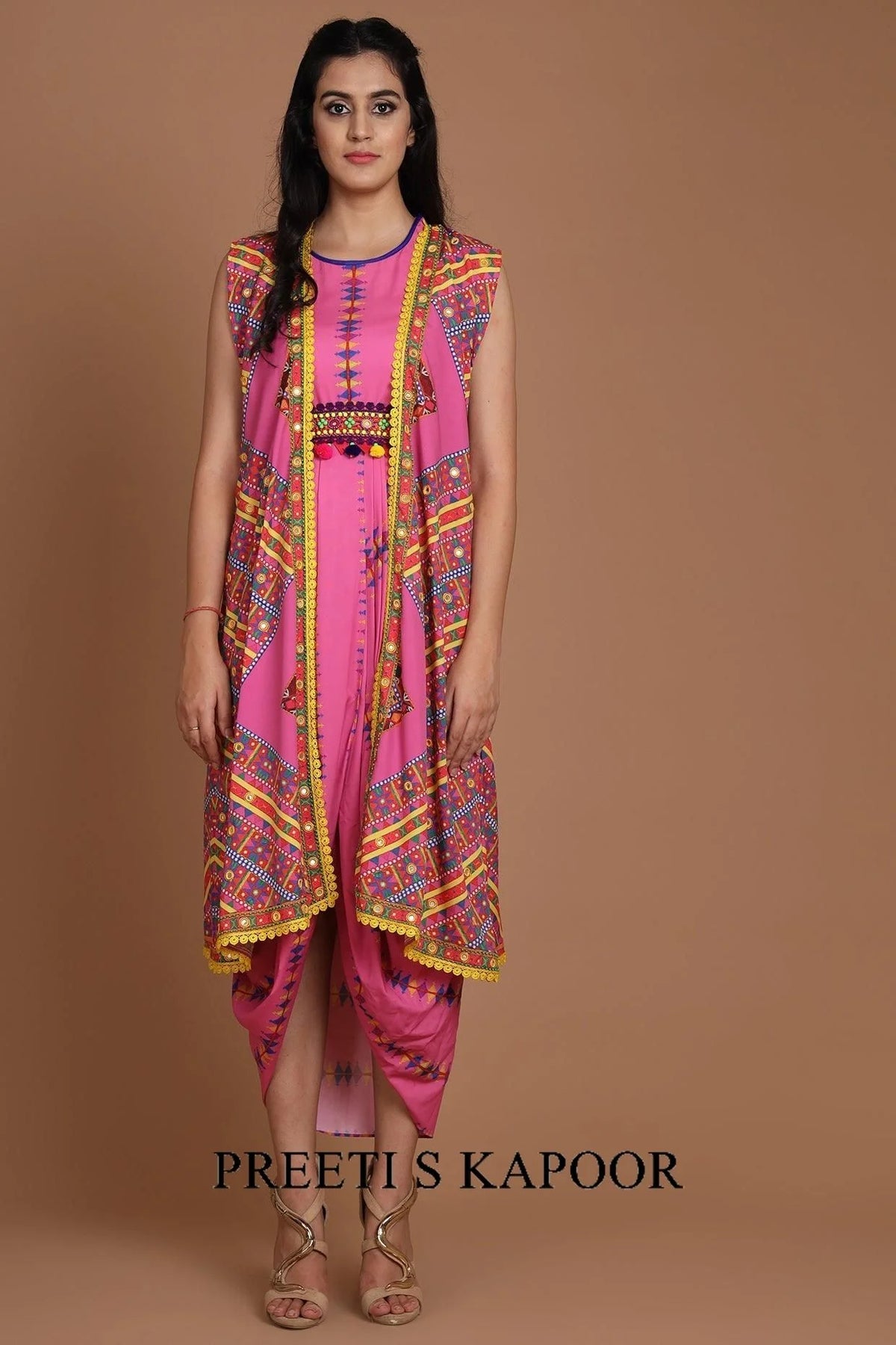 Pink Printed & Embroidered Jacket Set With Belt - Preeti S Kapoor