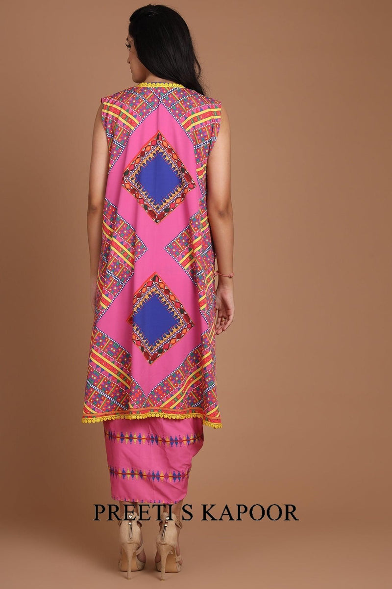Pink Printed & Embroidered Jacket Set With Belt - Preeti s kapoor