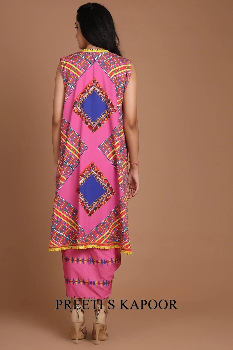 Pink Printed & Embroidered Jacket Set With Belt - Preeti S Kapoor