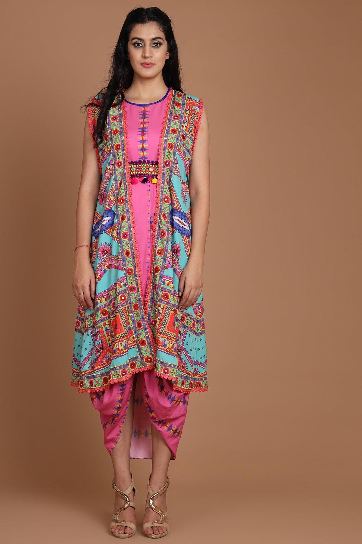 Turquoise & Pink Embroidered Jacket Set With Belt - Preeti s kapoor