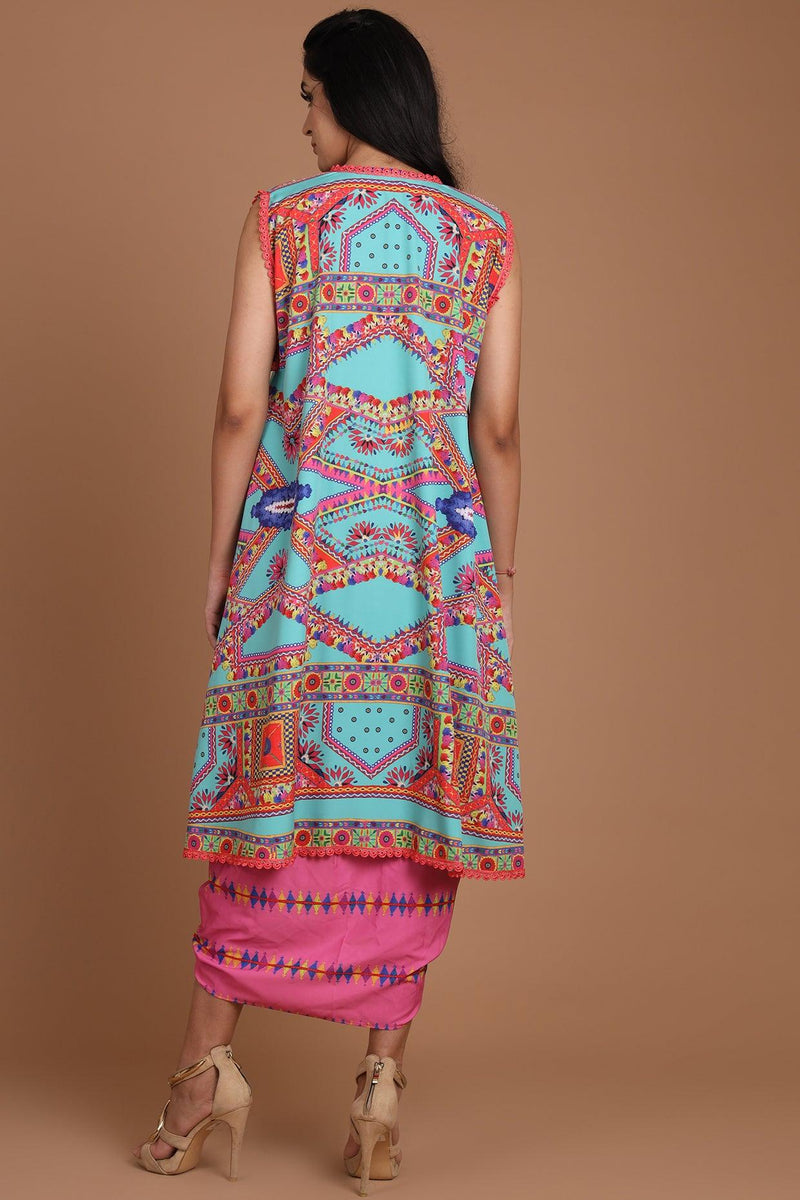 Turquoise & Pink Embroidered Jacket Set With Belt - Preeti s kapoor