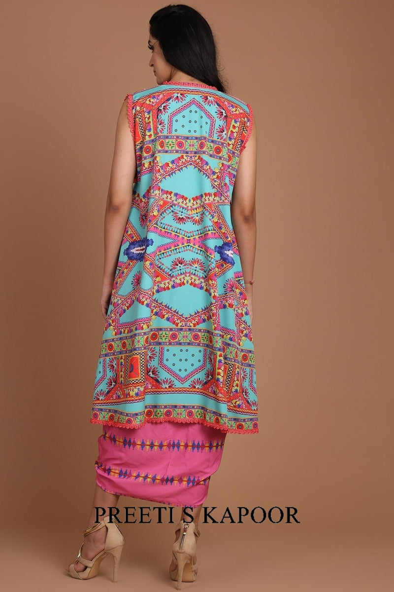 Turquoise & Pink Embroidered Jacket Set With Belt - Preeti s kapoor