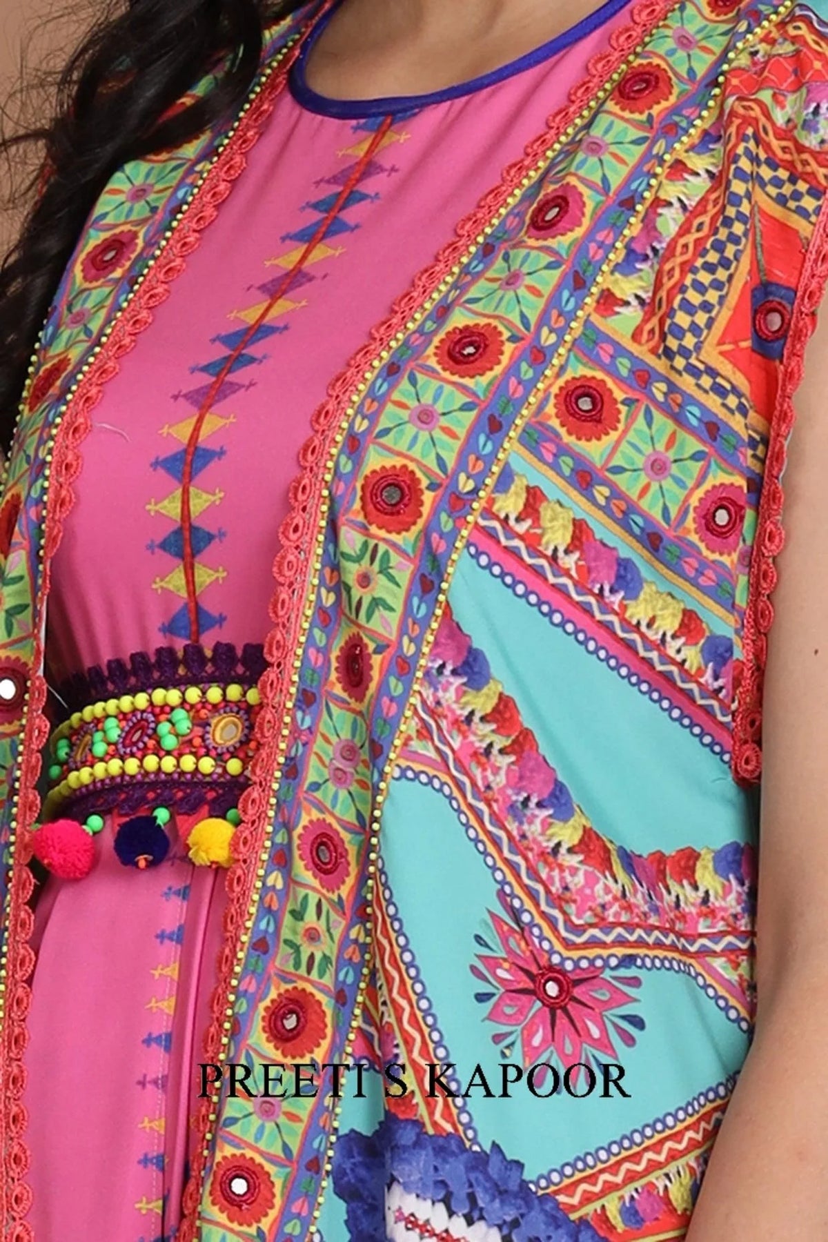 Turquoise & Pink Embroidered Jacket Set With Belt - Preeti S Kapoor