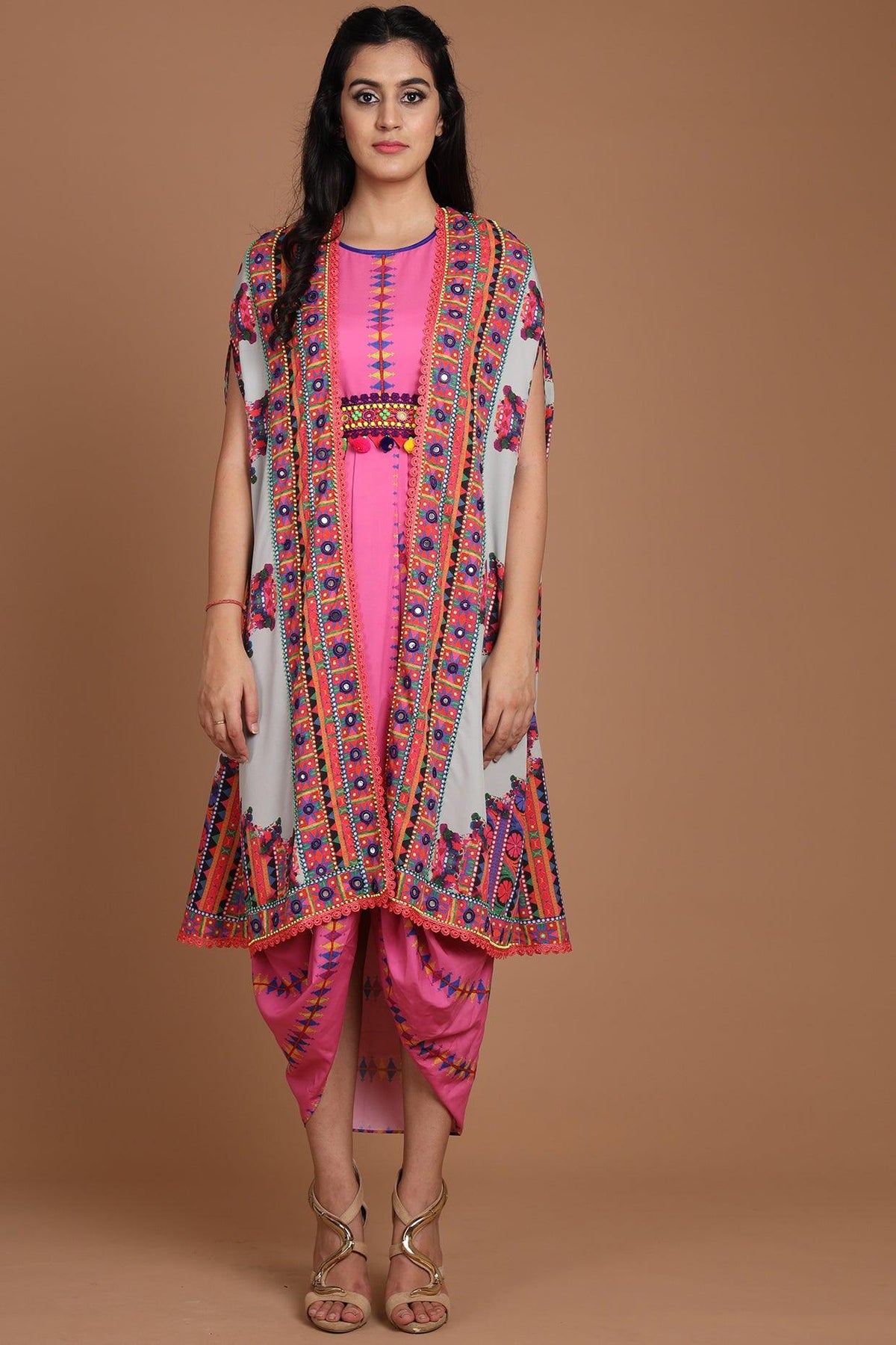 Grey & Pink Embroidered Jacket Set With Belt - Preeti s kapoor