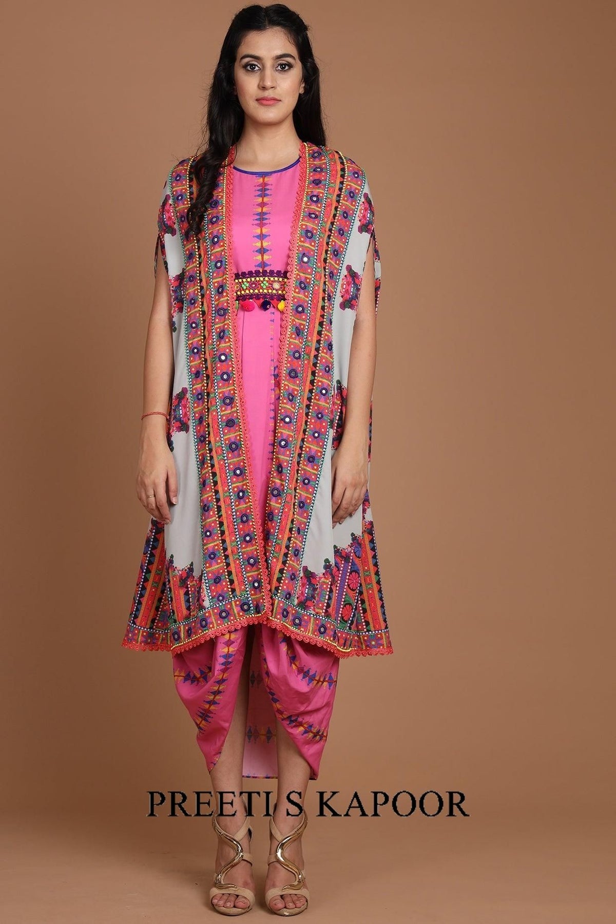 Grey & Pink Embroidered Jacket Set With Belt - Preeti s kapoor