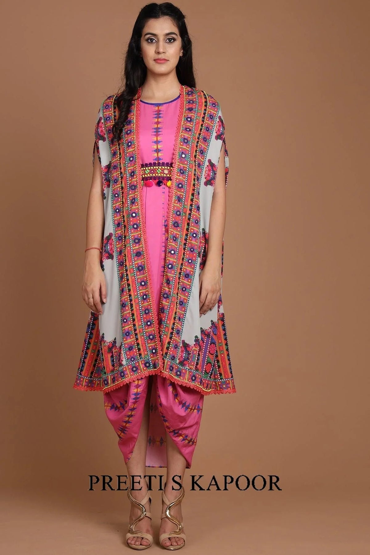 Grey & Pink Embroidered Jacket Set With Belt - Preeti S Kapoor