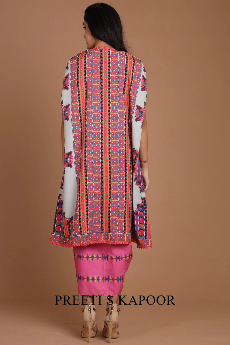 Grey & Pink Embroidered Jacket Set With Belt - Preeti S Kapoor