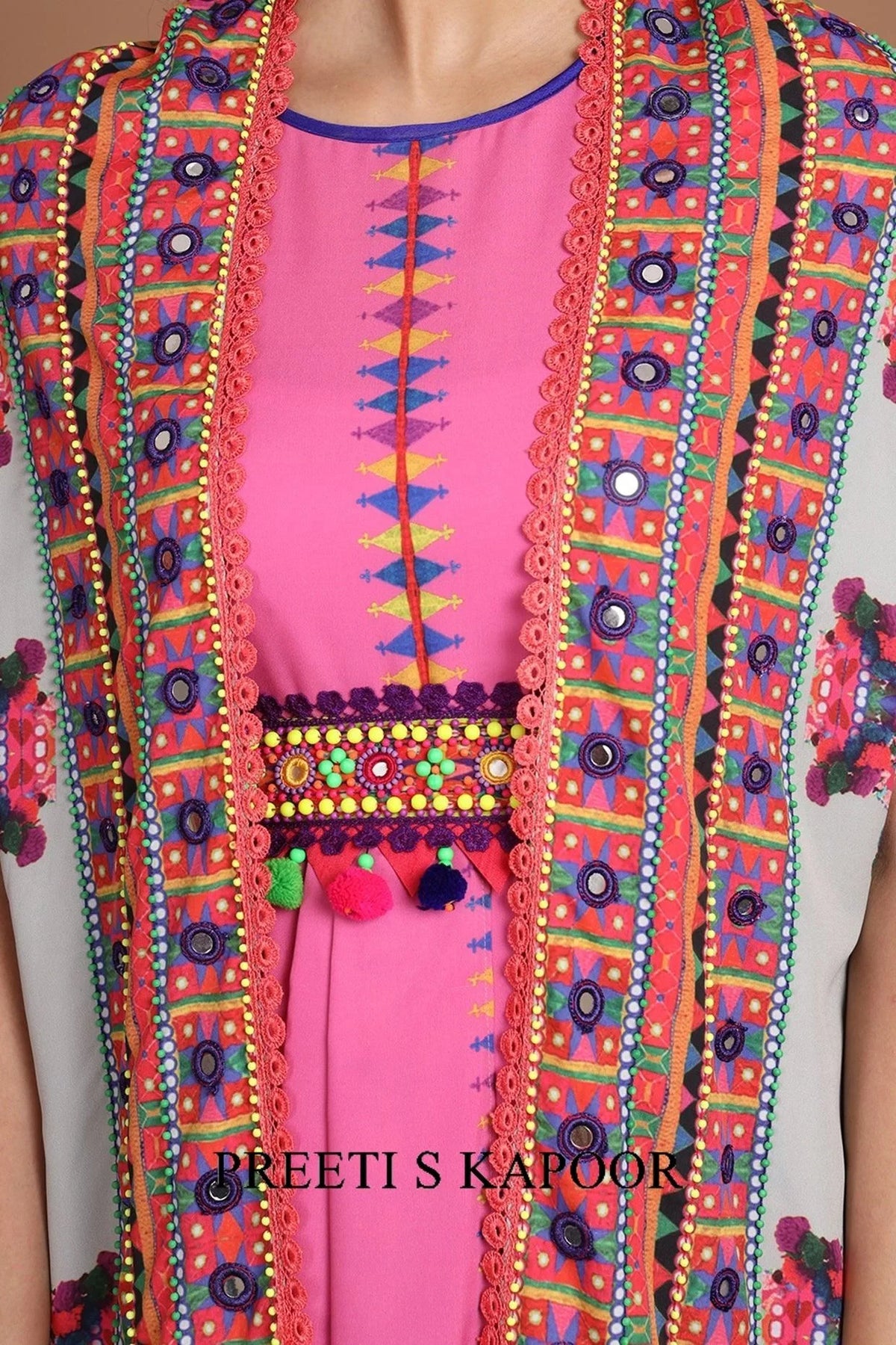 Grey & Pink Embroidered Jacket Set With Belt - Preeti S Kapoor